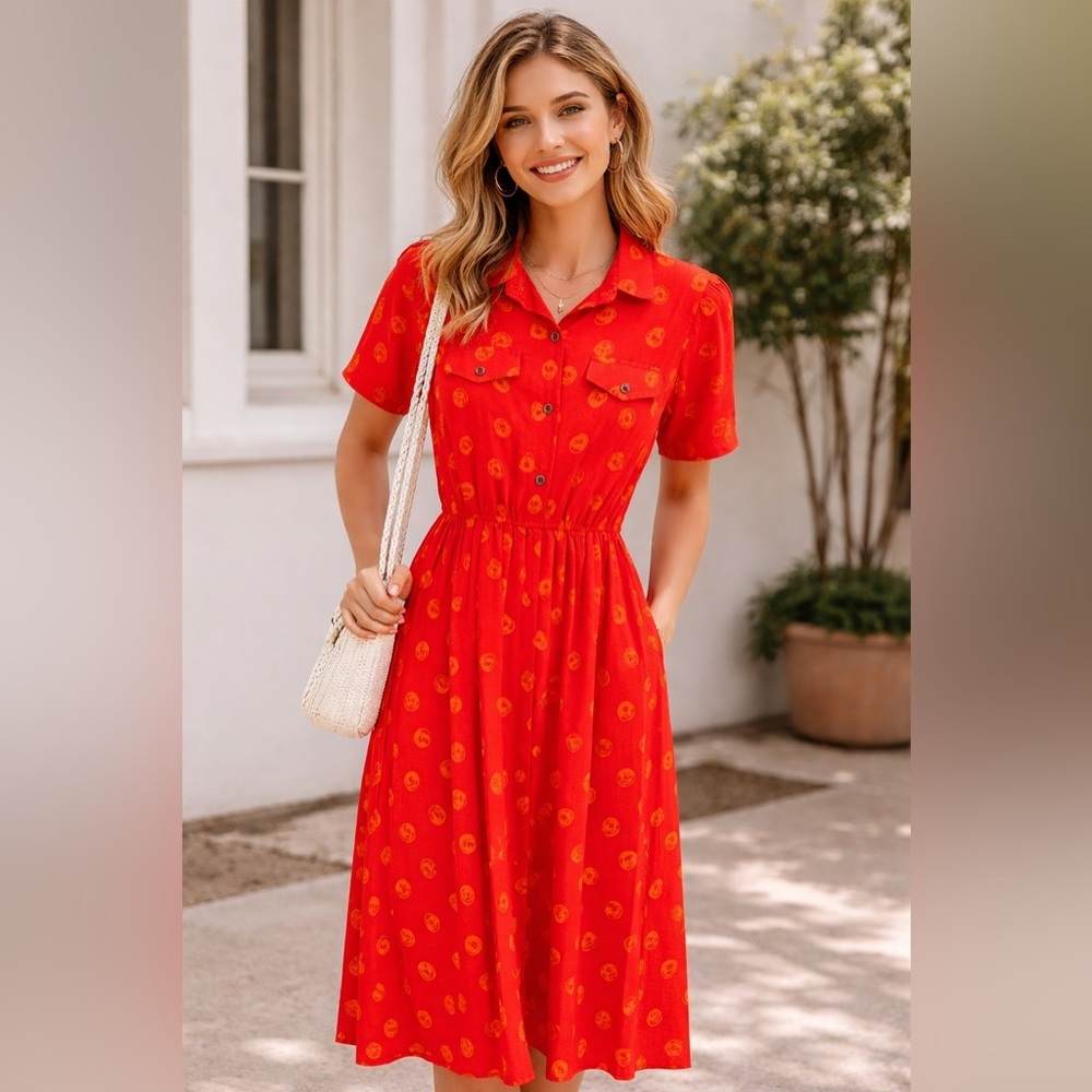 Vintage Leslie Fay Andrea Gayle Orange Pleated Midi Dress Size 6P